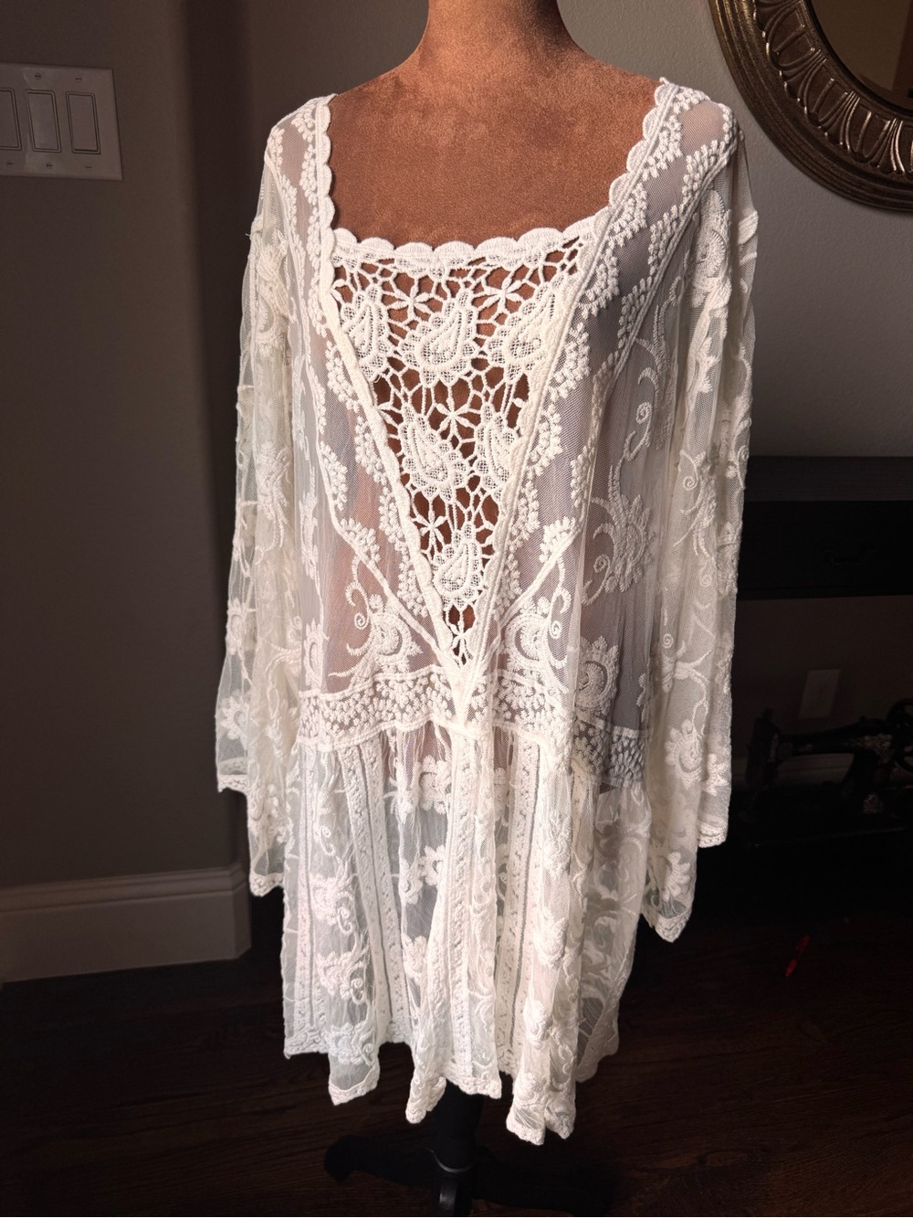 Lane Bryant Ivory Embroidered Lace Sheer Boho Bell Sleeve Dress Cover Up Plus OS